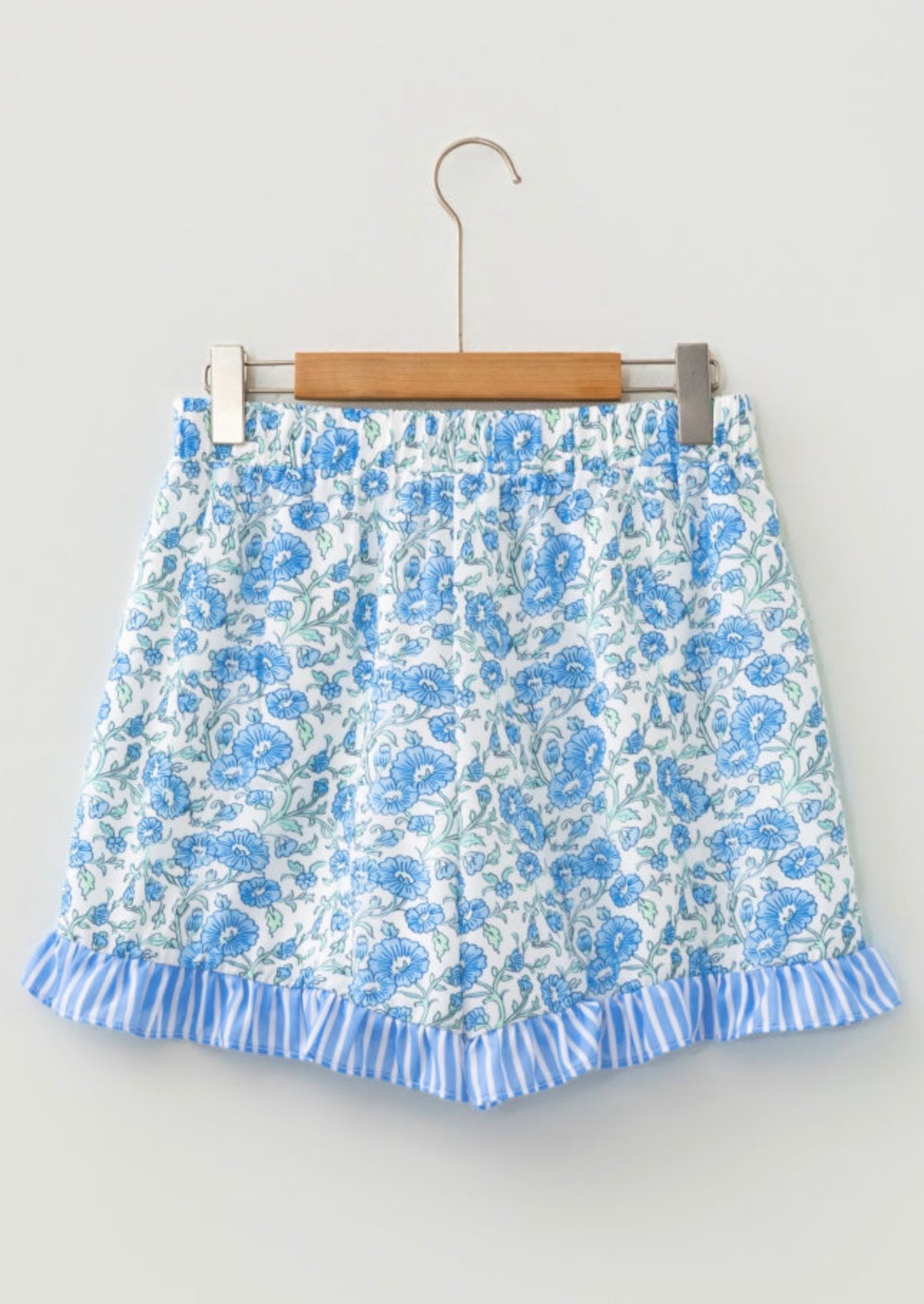 Light Blue Floral Ruffle Hem Shorts