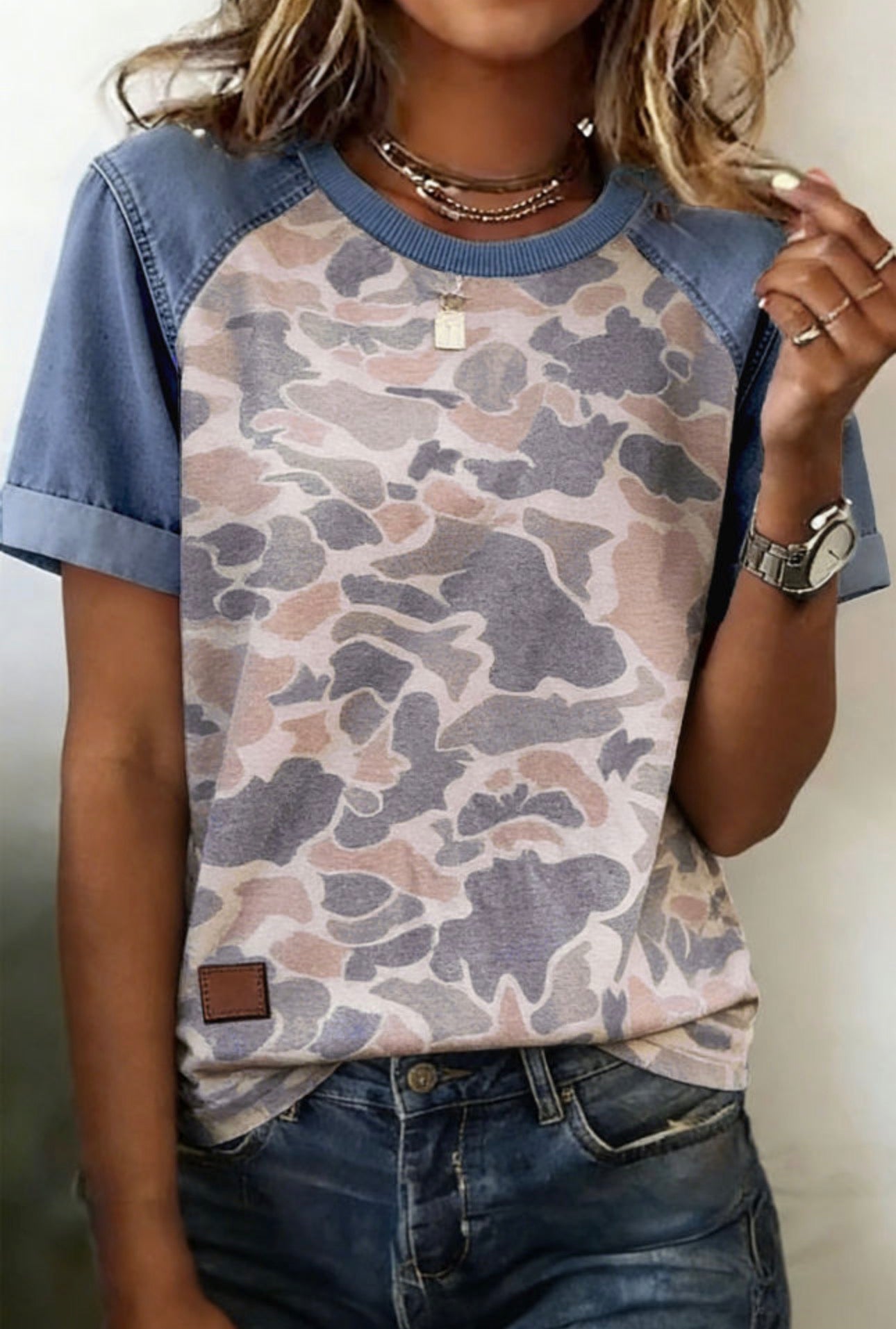 Camouflage Denim Color Block Tee