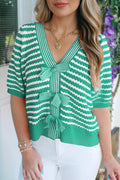 Green Striped V-Neck Bow Knot Sweater