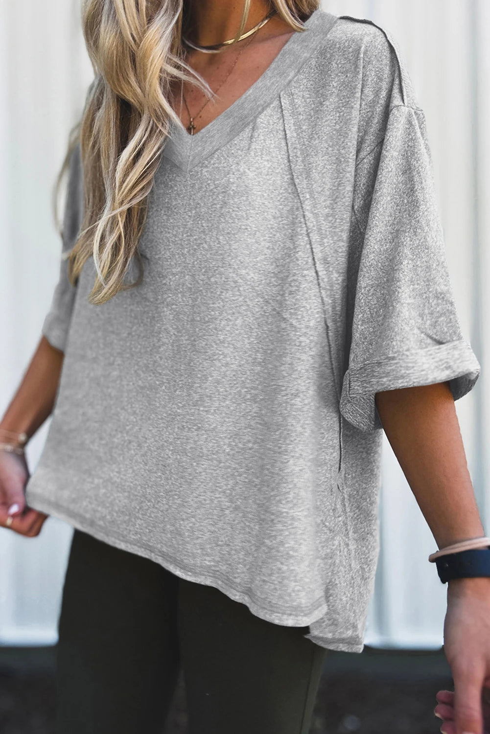 Gray V-Neck Oversized T-Shirt