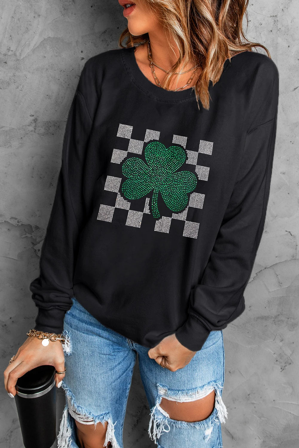 Rhinestone Clover Graphic Crewneck Sweatshirt