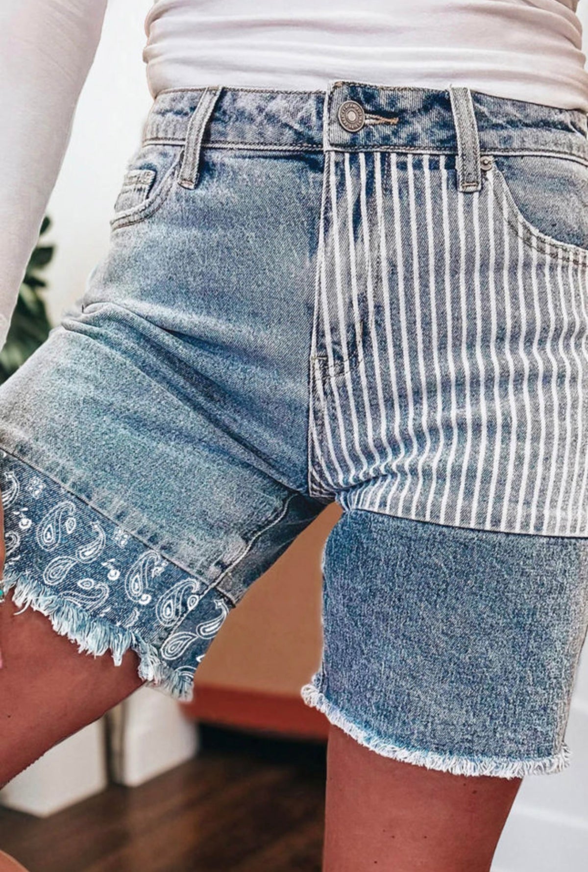 Paisley Mixed Patchwork Raw Hem Jean Shorts
