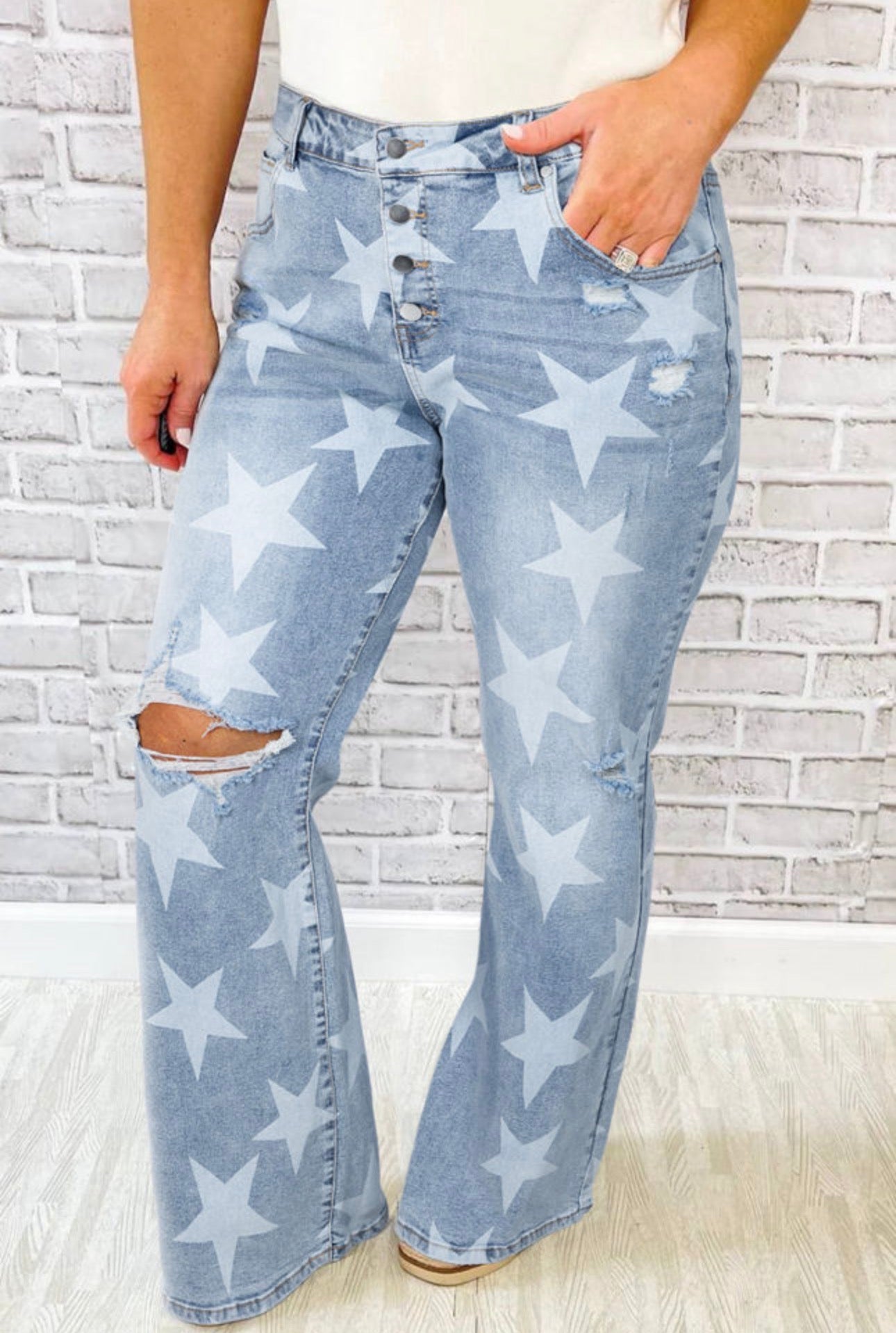 Curvy Star Print Wide Leg Jeans