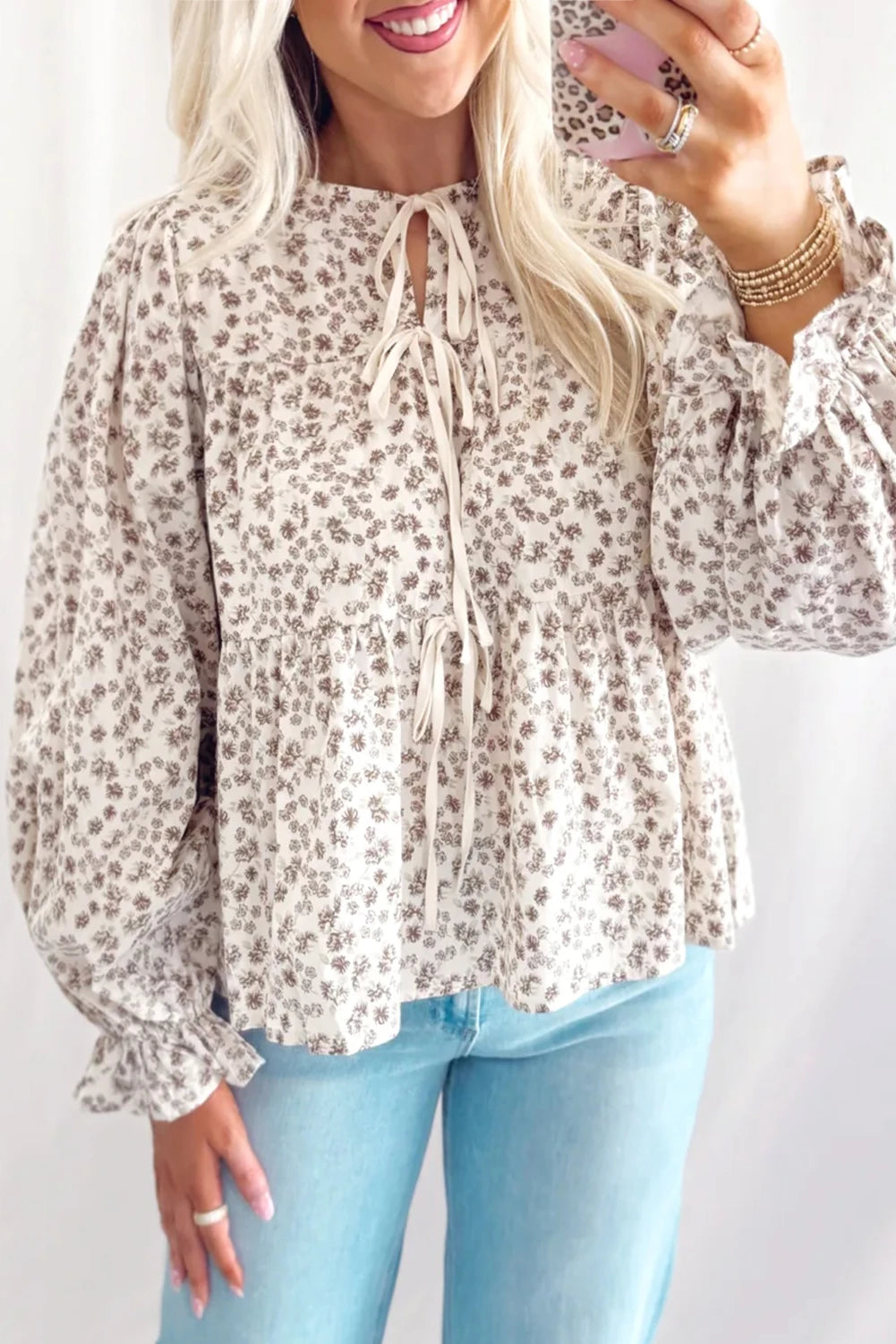 White Floral Bow Tie Front Long Sleeve Top