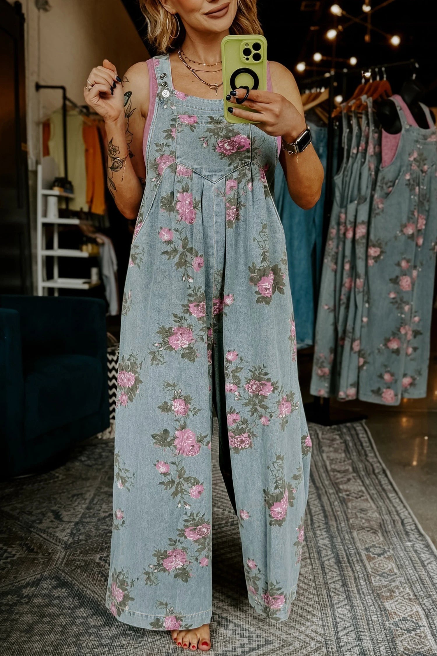 Floral Print Wide Leg Denim Overalls