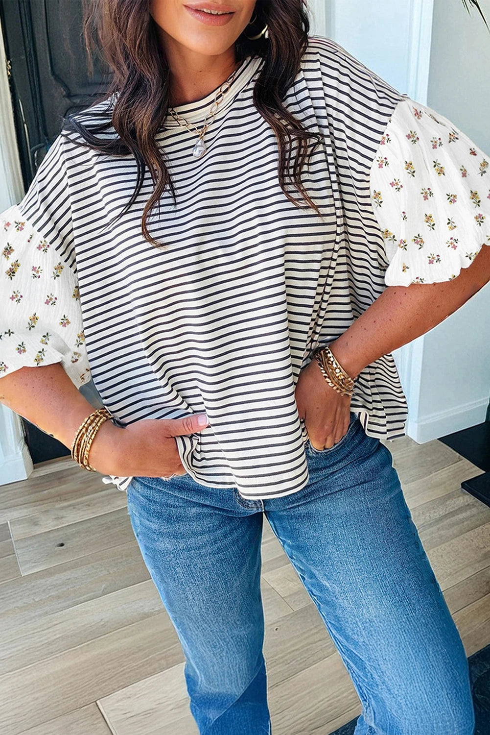 Floral & Striped Puff Sleeve Patchwork Top