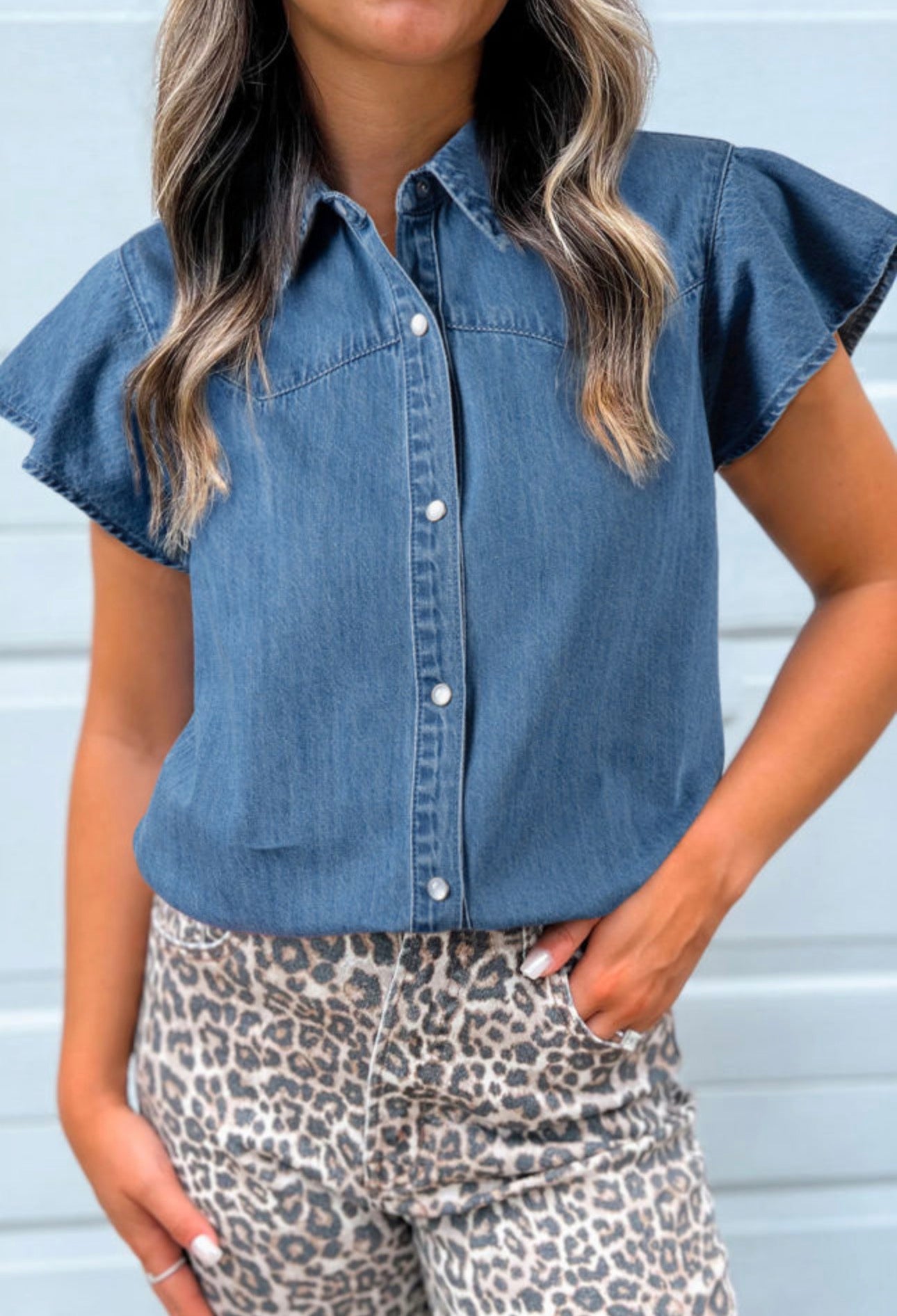 Ruffled Button Up Denim Top