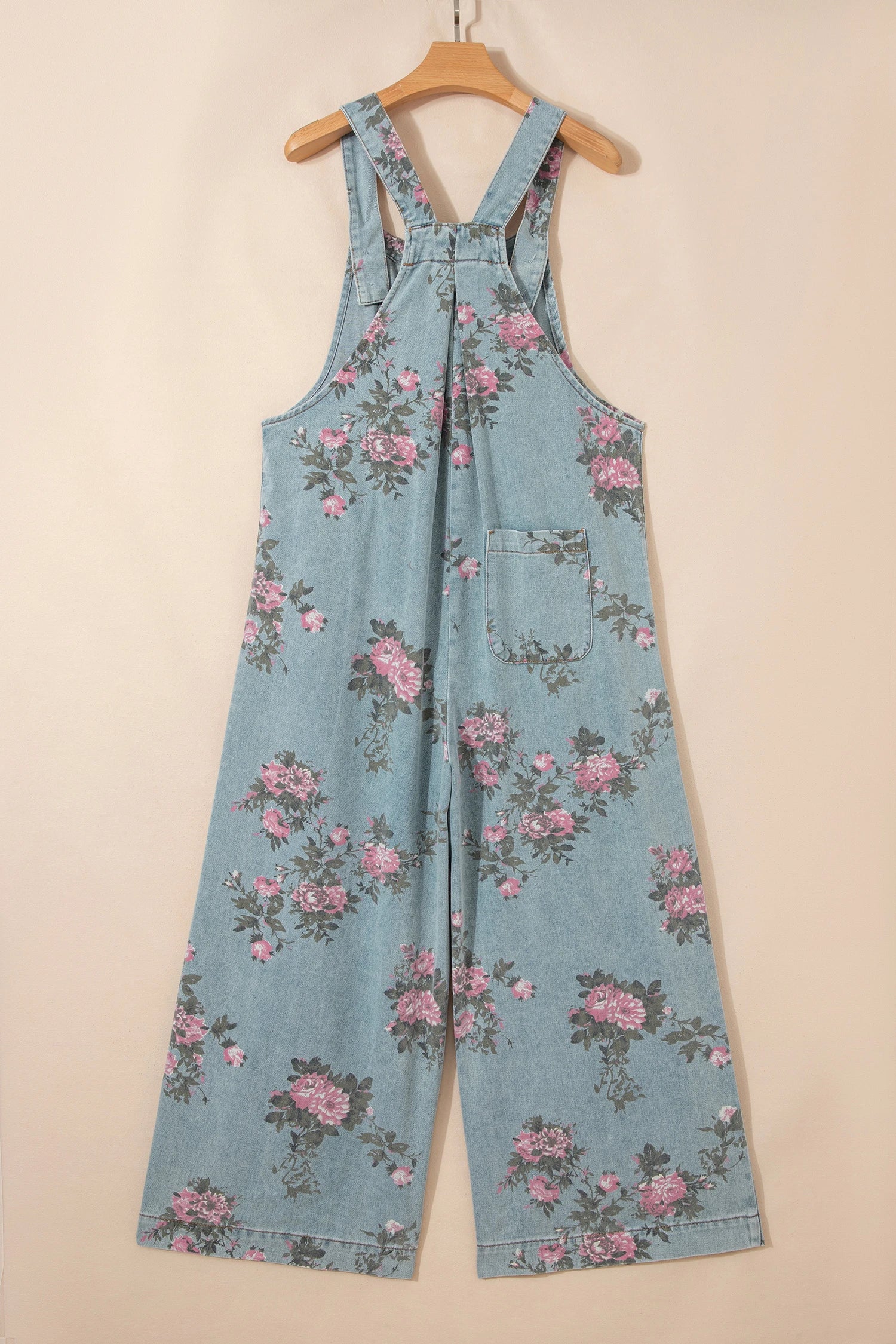 Floral Print Wide Leg Denim Overalls