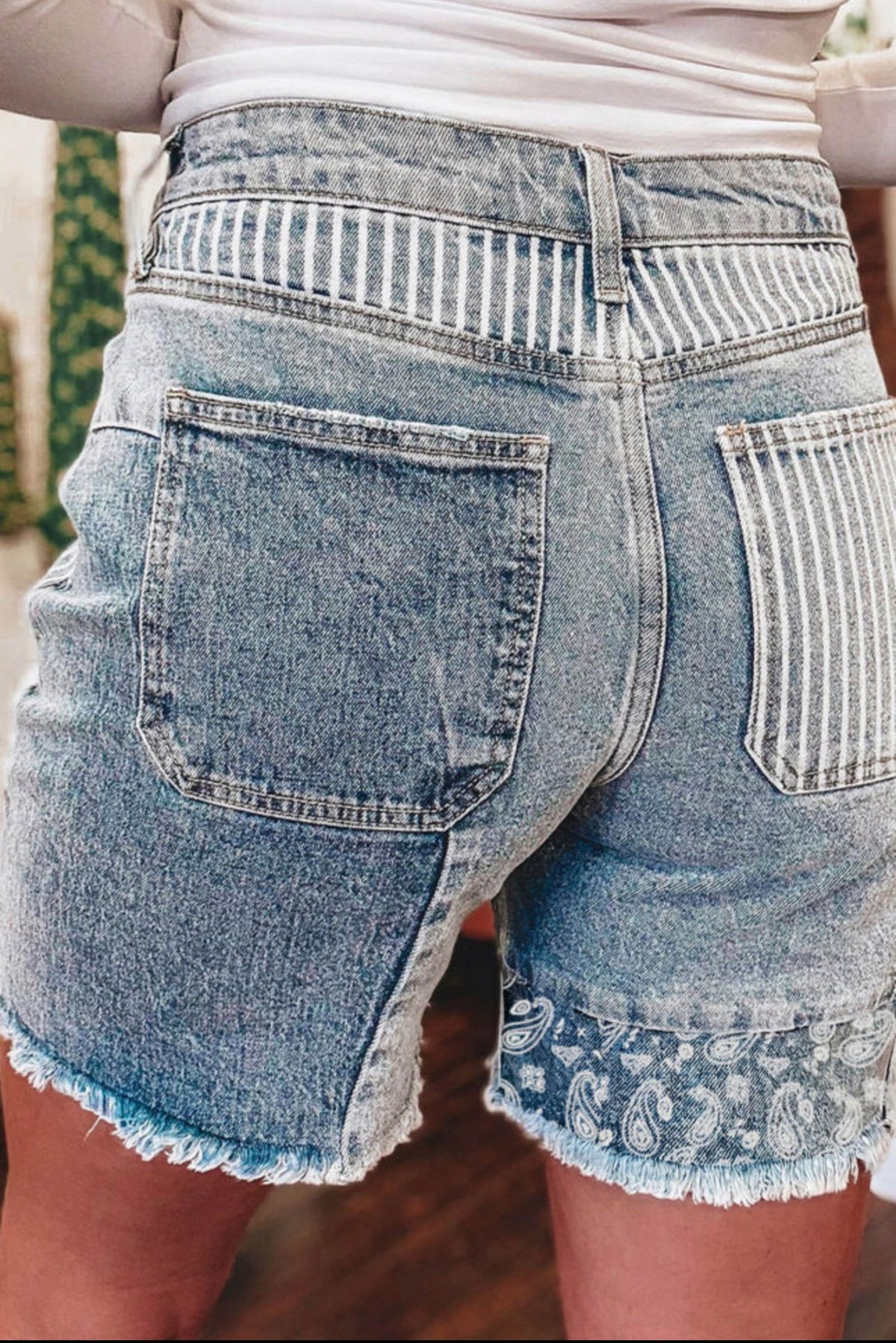 Paisley Mixed Patchwork Raw Hem Jean Shorts