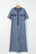 Blue Button Up Short Sleeve Jumpsuit