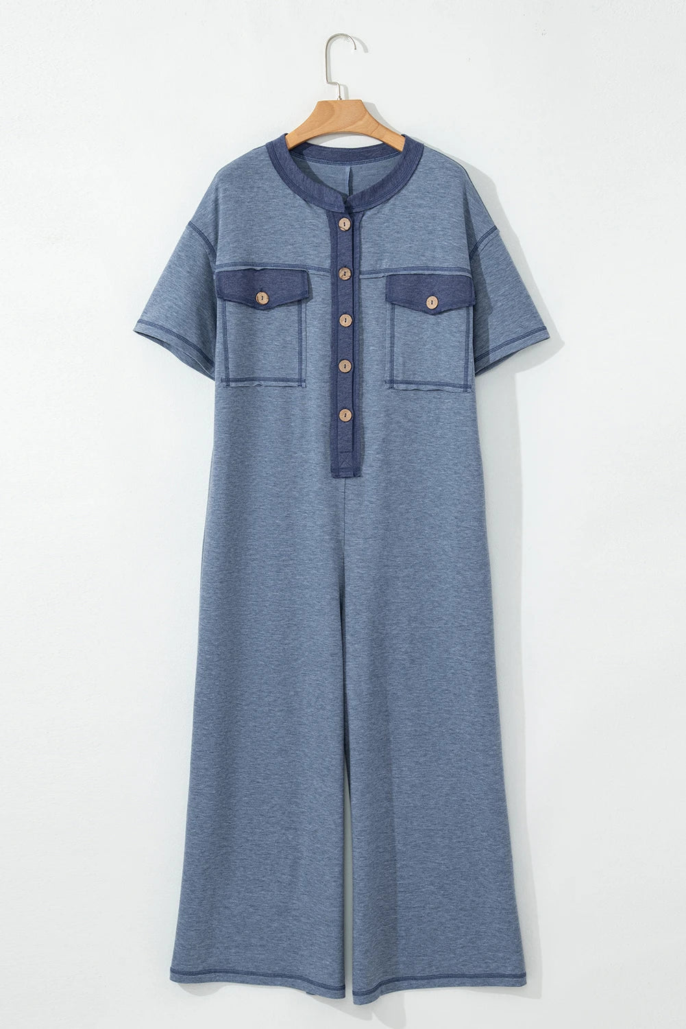 Blue Button Up Short Sleeve Jumpsuit