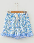 Light Blue Floral Ruffle Hem Shorts