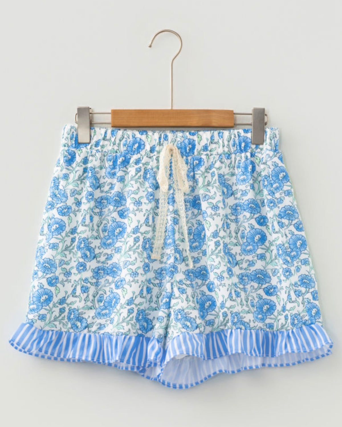 Light Blue Floral Ruffle Hem Shorts