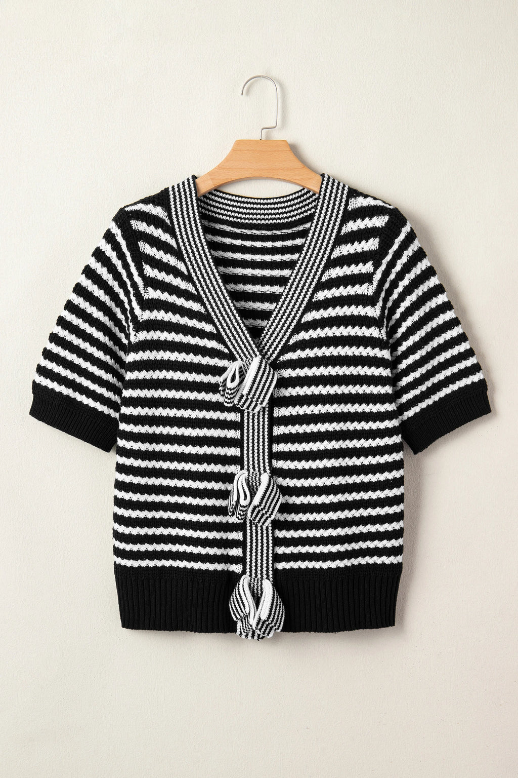 B&W Striped V-Neck Bow Knot Sweater