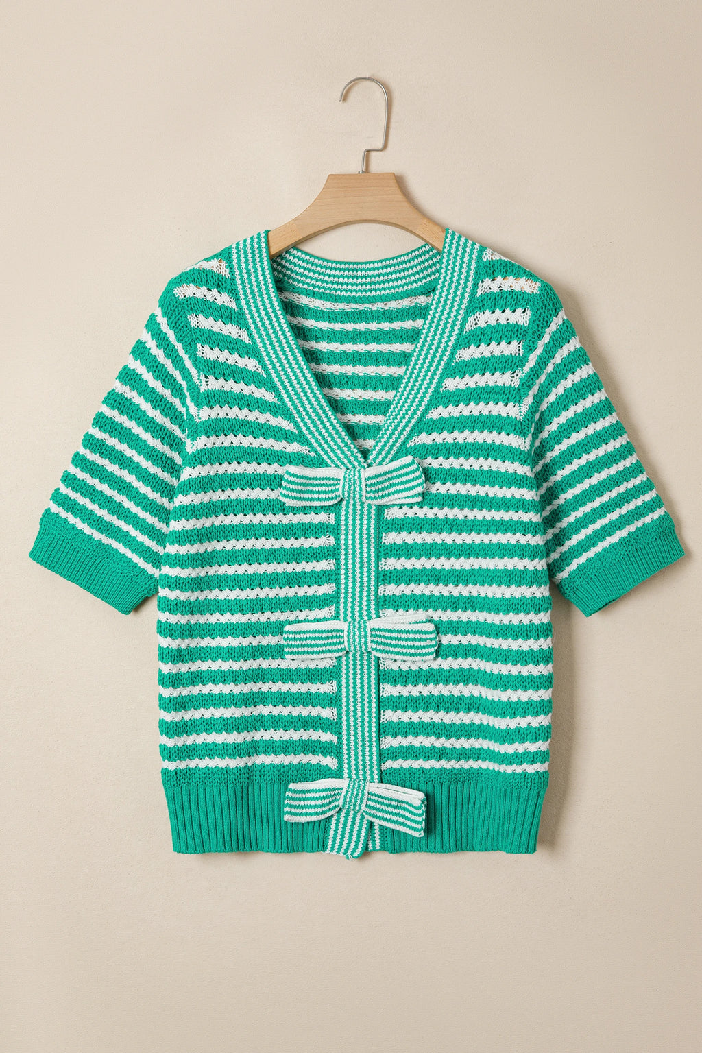 Green Striped V-Neck Bow Knot Sweater