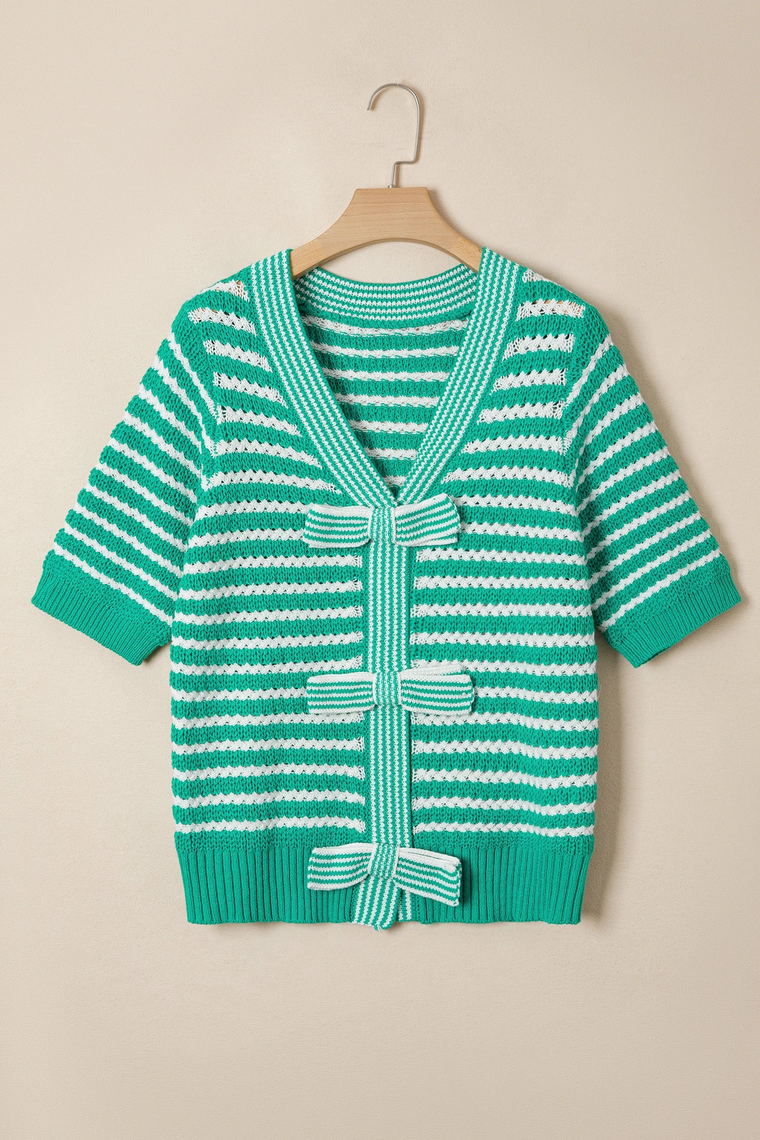 Green Striped V-Neck Bow Knot Sweater
