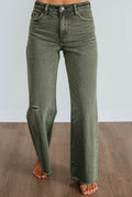 Green Distressed Wide Leg Jeans