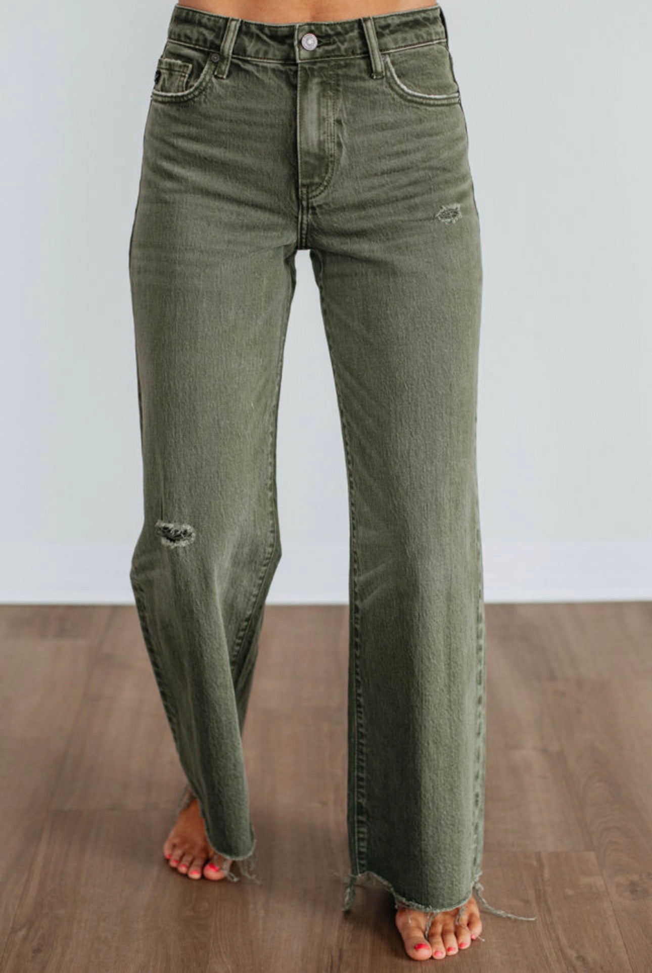 Green Distressed Wide Leg Jeans