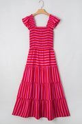 Rose Striped Ruffle Strap Maxi Dress