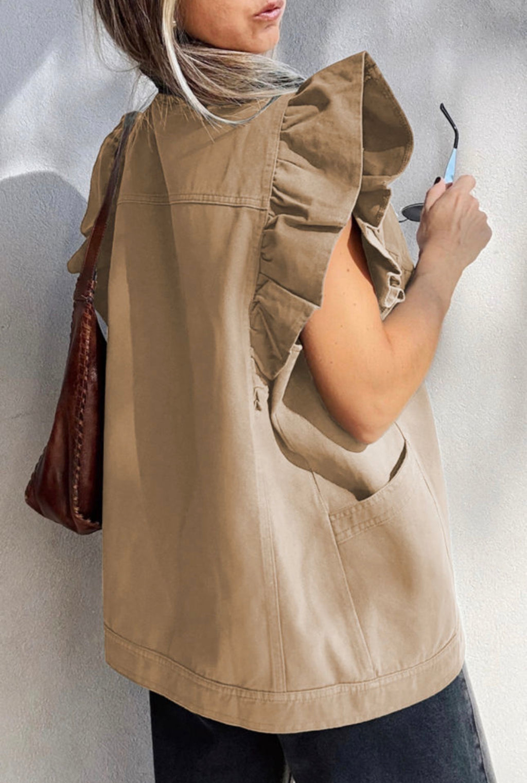 Khaki Ruffle Sleeve Vest