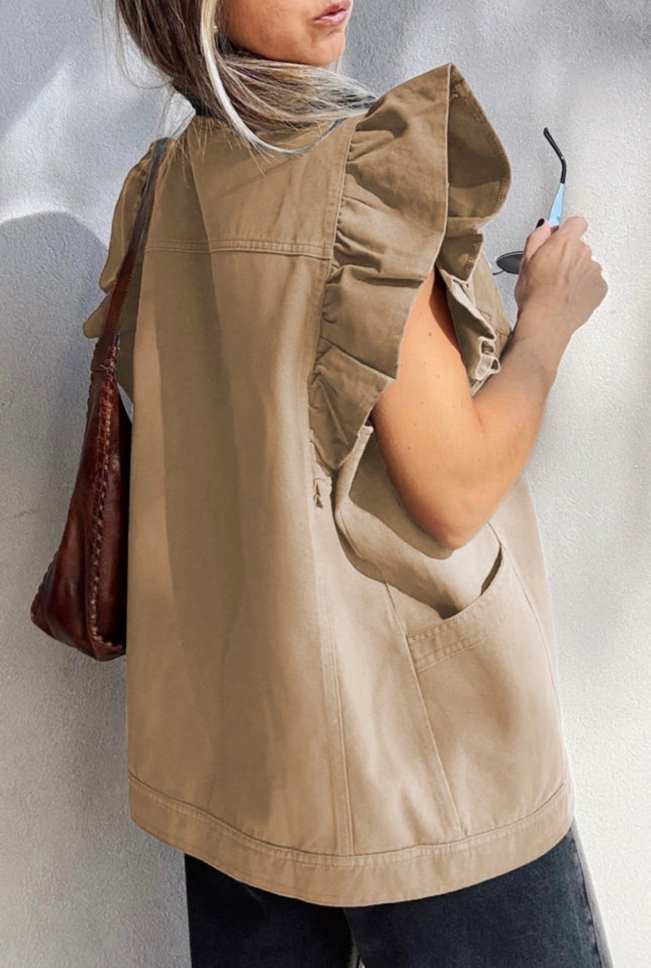 Khaki Ruffle Sleeve Vest