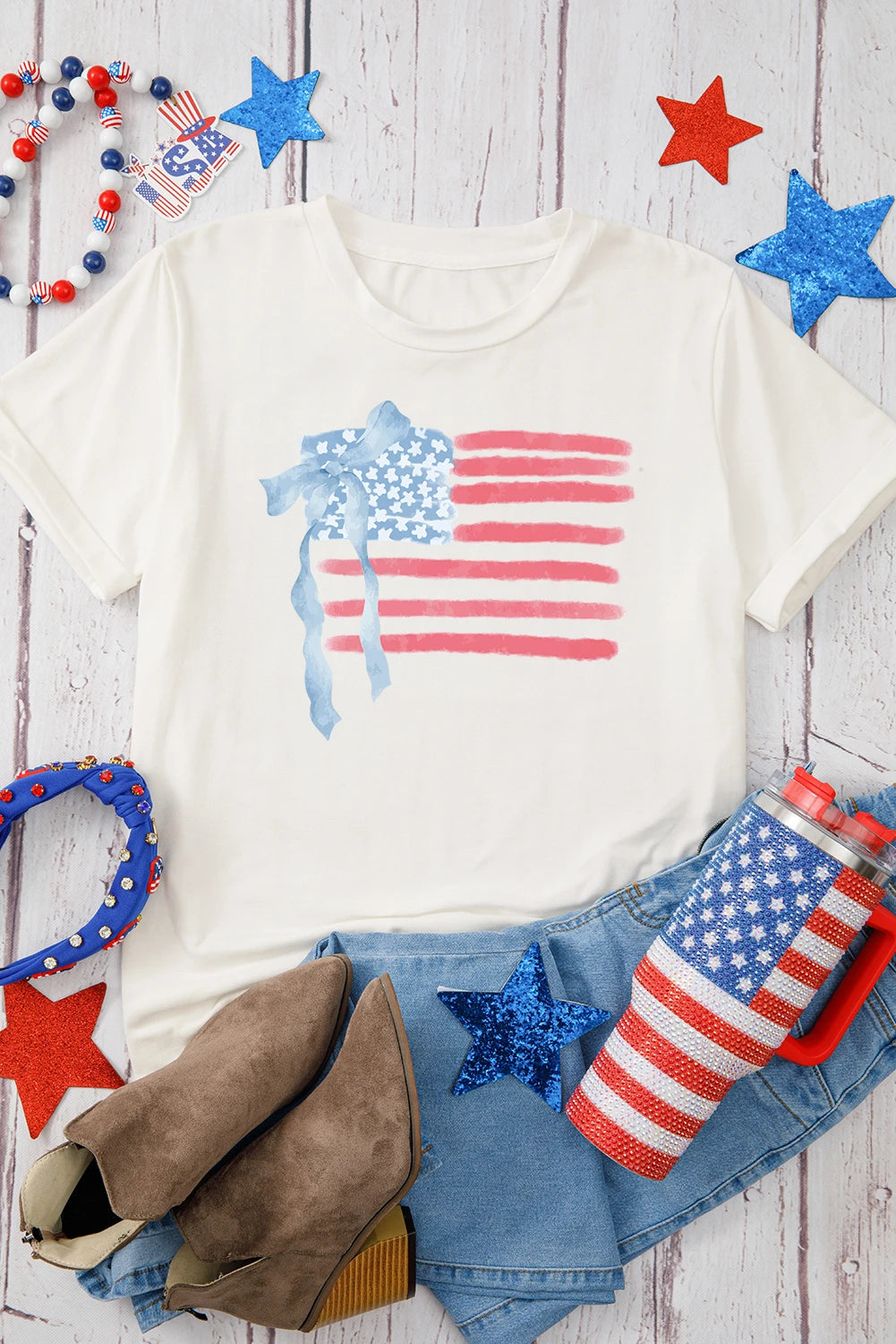 Bow Knot American Flag Graphic T-Shirt