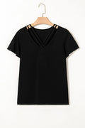 Black Crisscross V-Neck Flutter Sleeve T-Shirt