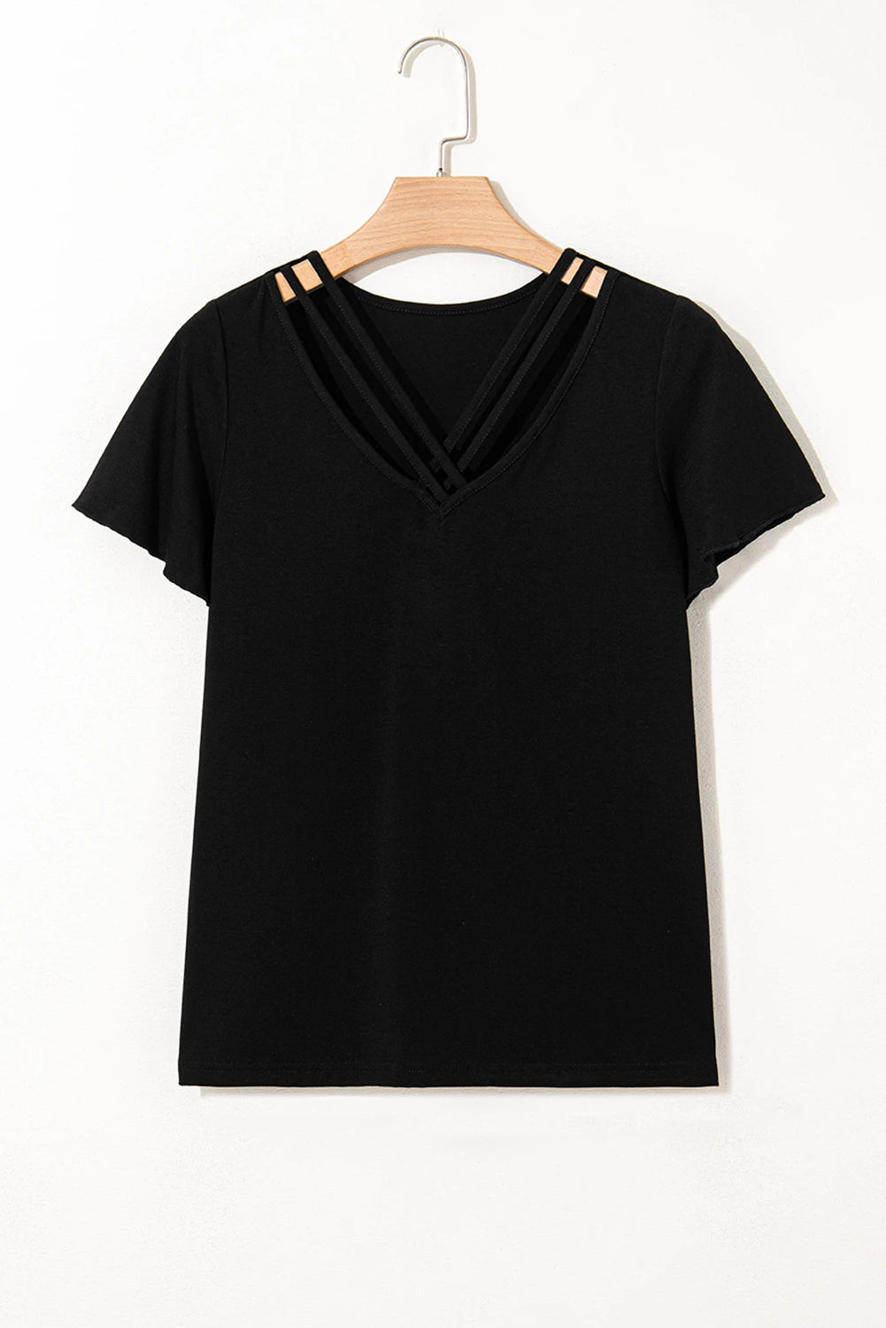 Black Crisscross V-Neck Flutter Sleeve T-Shirt