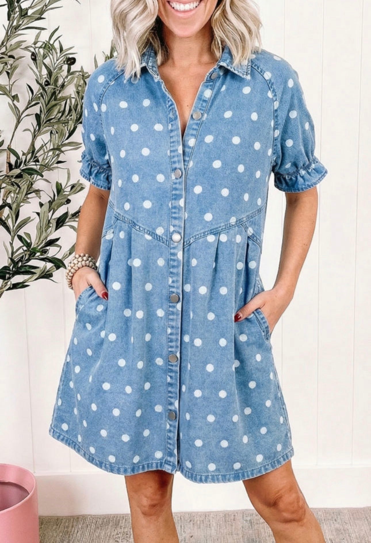 Polka Dot Ruffled Sleeve Denim Dress