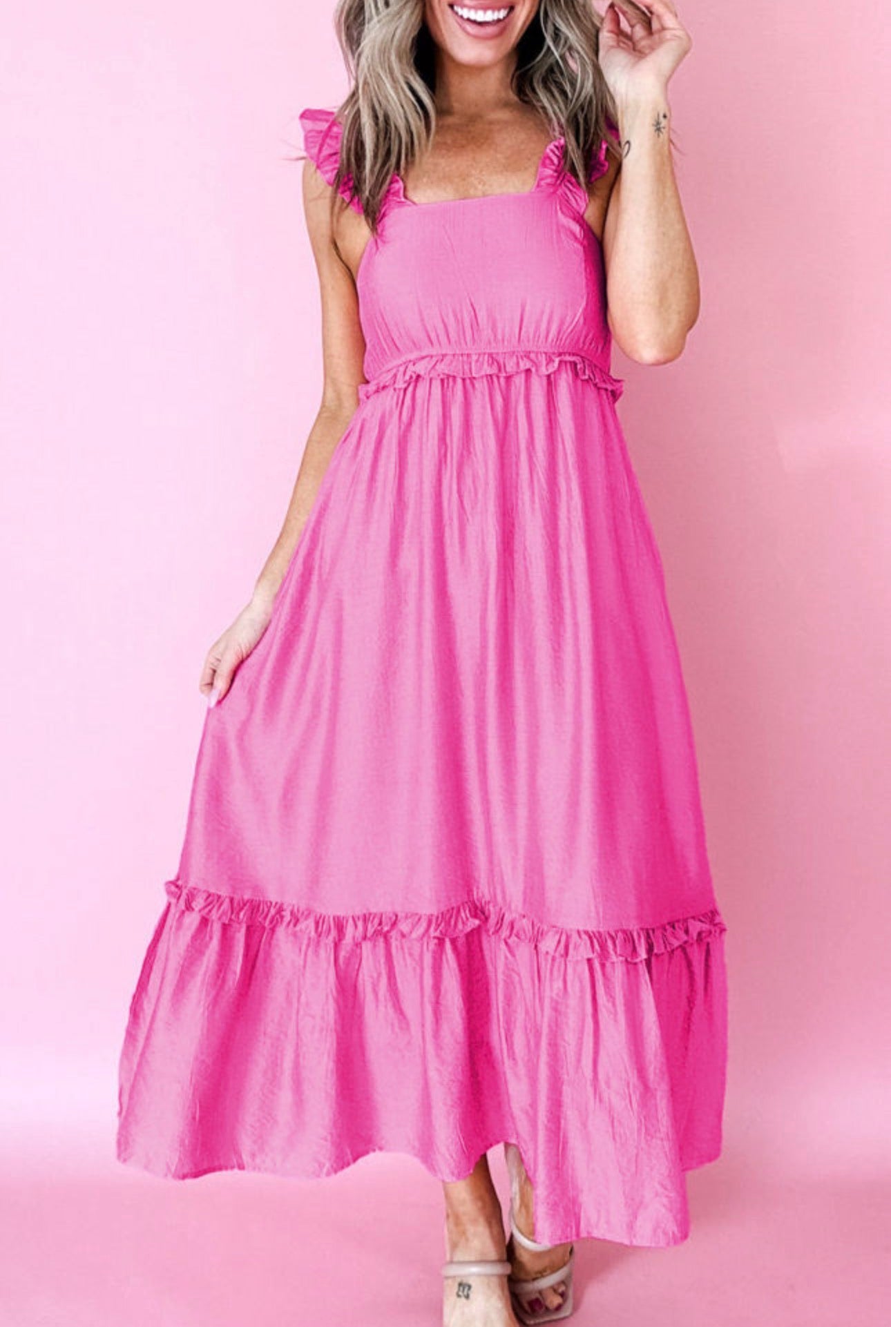 Pink Ruffle Trim Sleeveless Maxi Dress