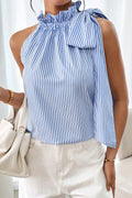 Blue Striped Frill Neck Tie Knot Sleeveless Top