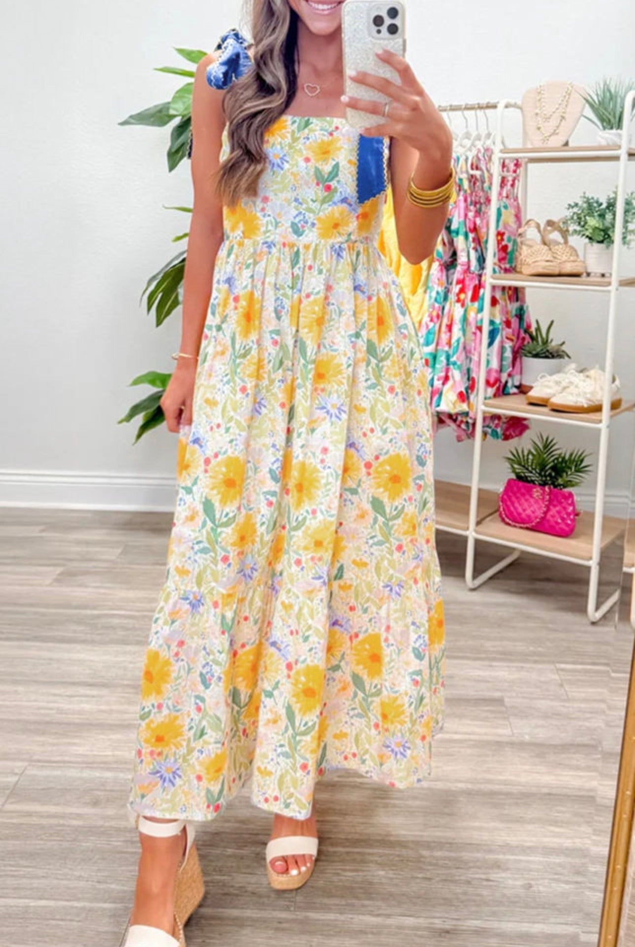 Yellow Floral Print Sleeveless Maxi Dress
