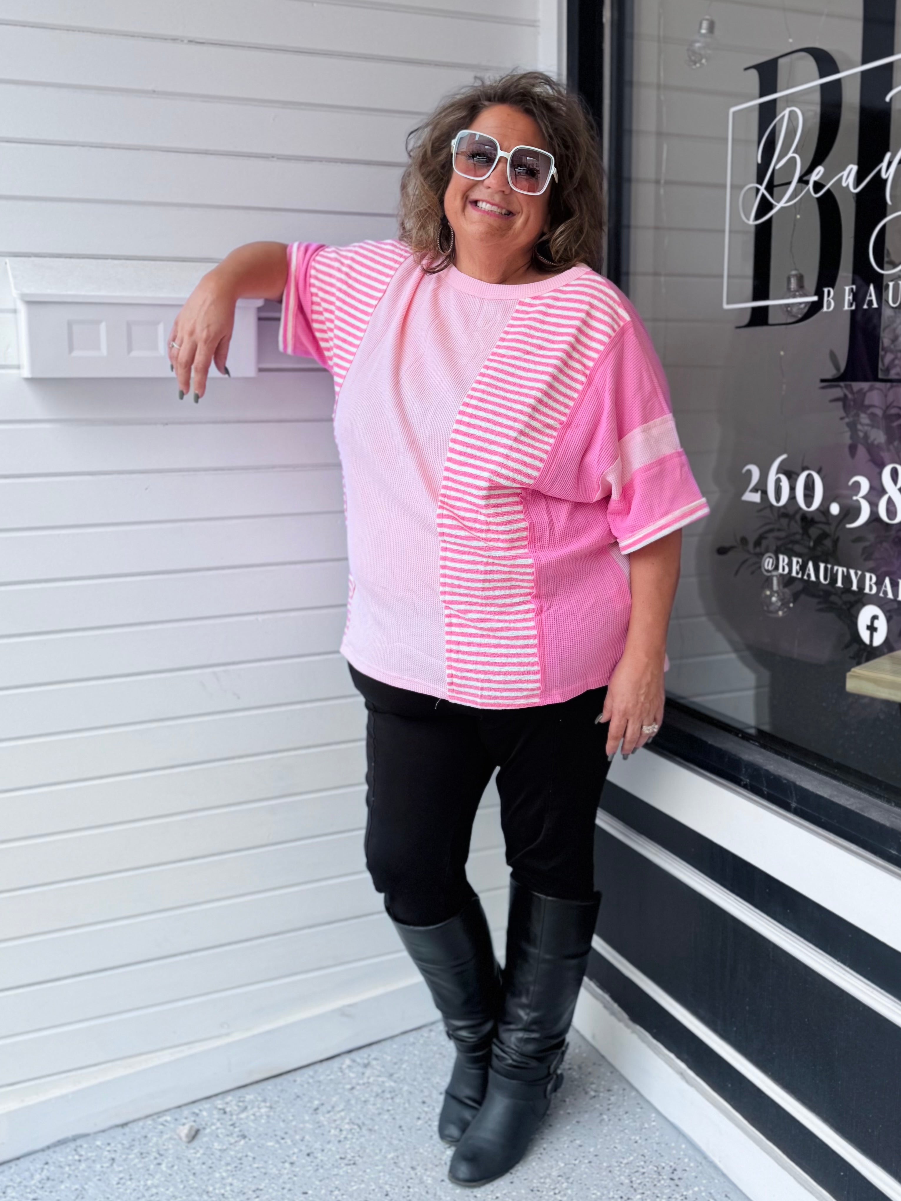 Curvy Pink Striped Waffle Patchwork Top