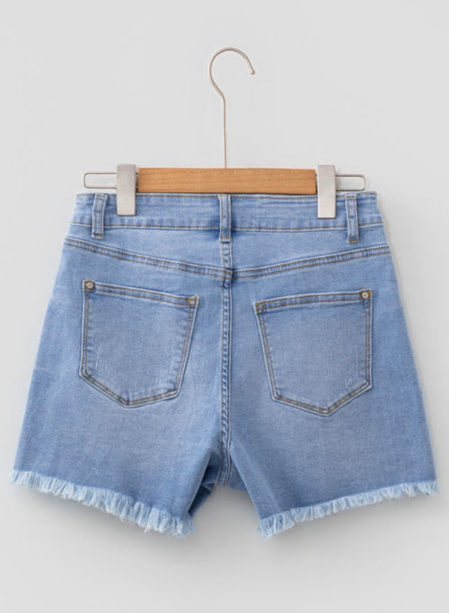 Asymmetric Raw Hem Jean Shorts