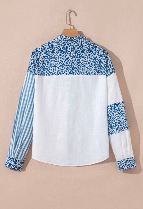 Blue Leopard Striped Button-Up Shirt