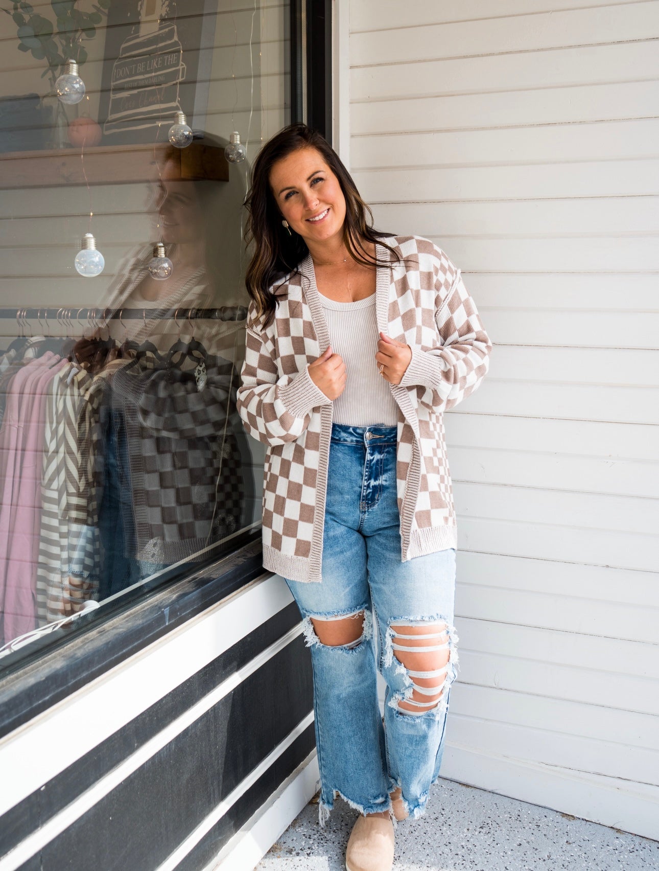 Brown/White Checkered Cardigan