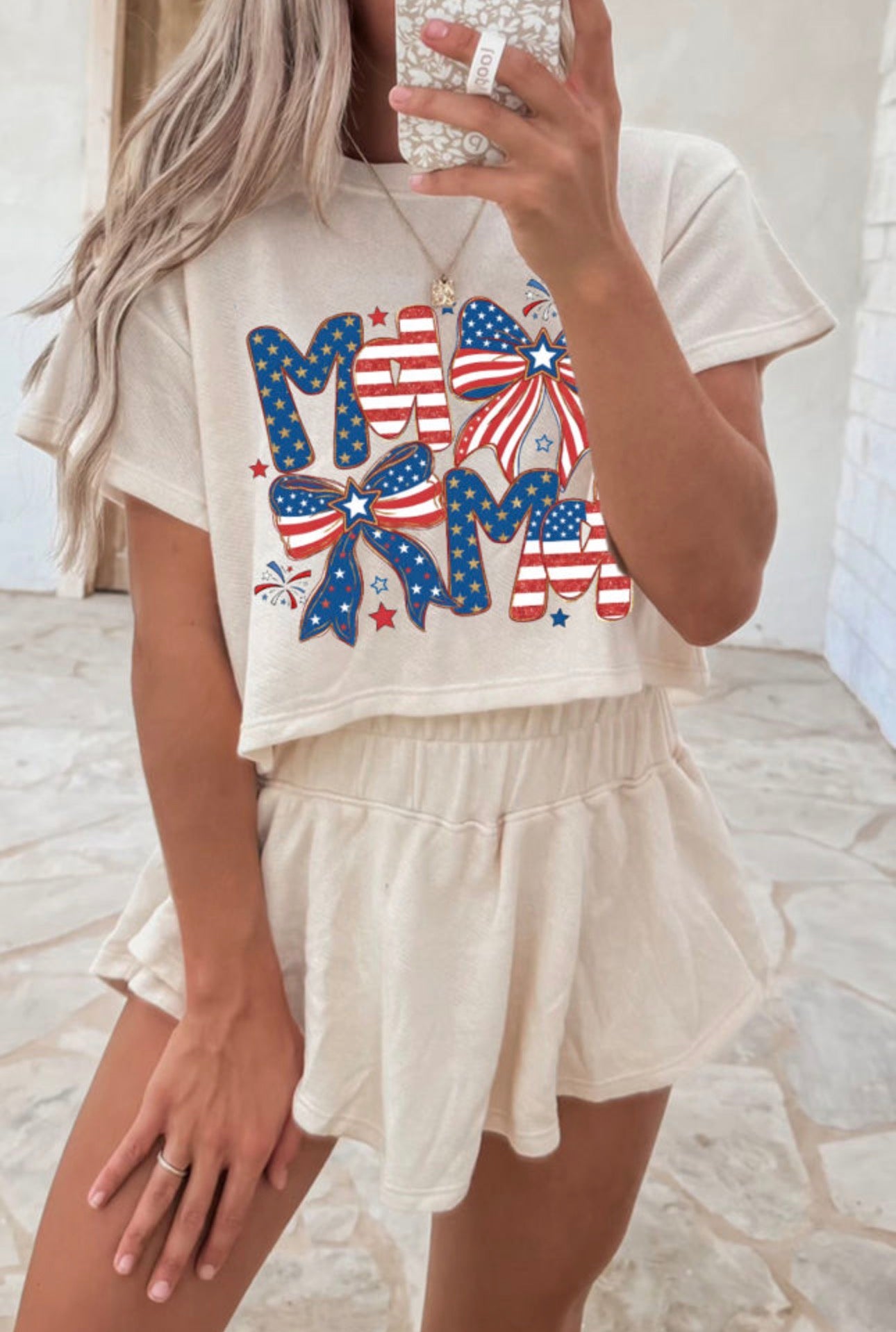 MAMA Patriotic Graphic T-Shirt with Skort Set