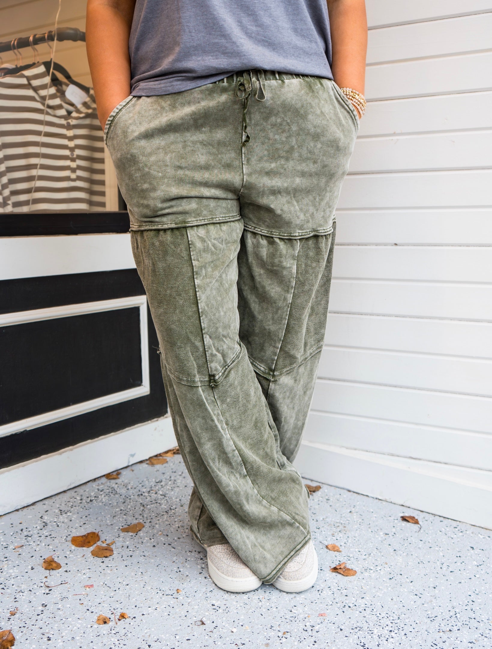 Green Wide Leg Patchwork Drawstring Pants