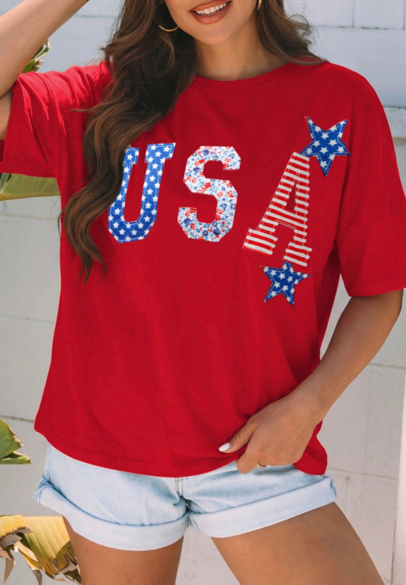Red Embroidered USA T-Shirt