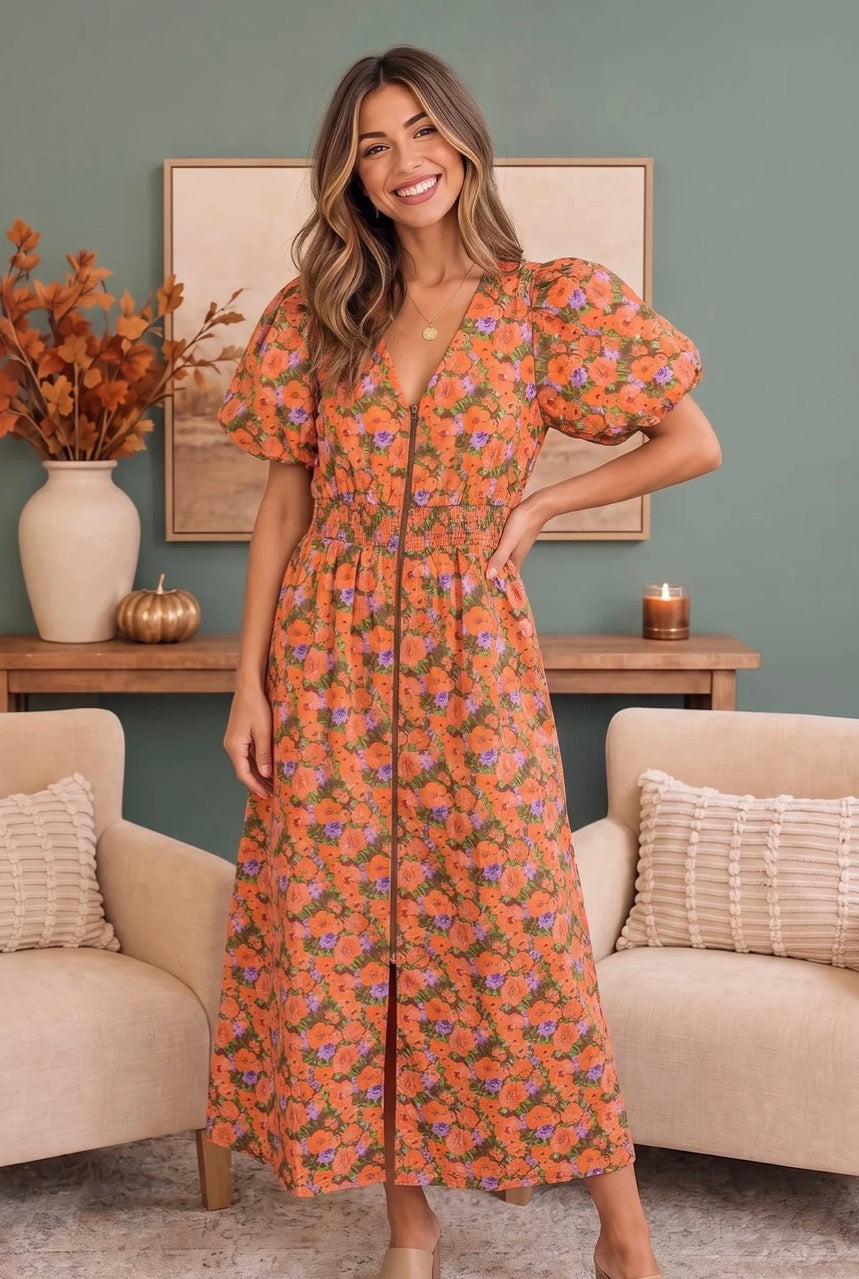 Floral Print Puff Sleeve Dress
