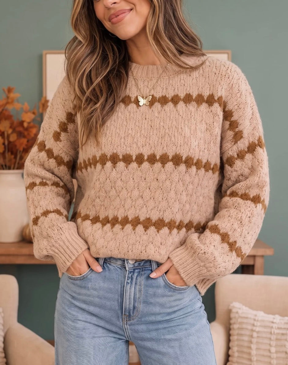 Taupe Zigzag Striped Knit Sweater
