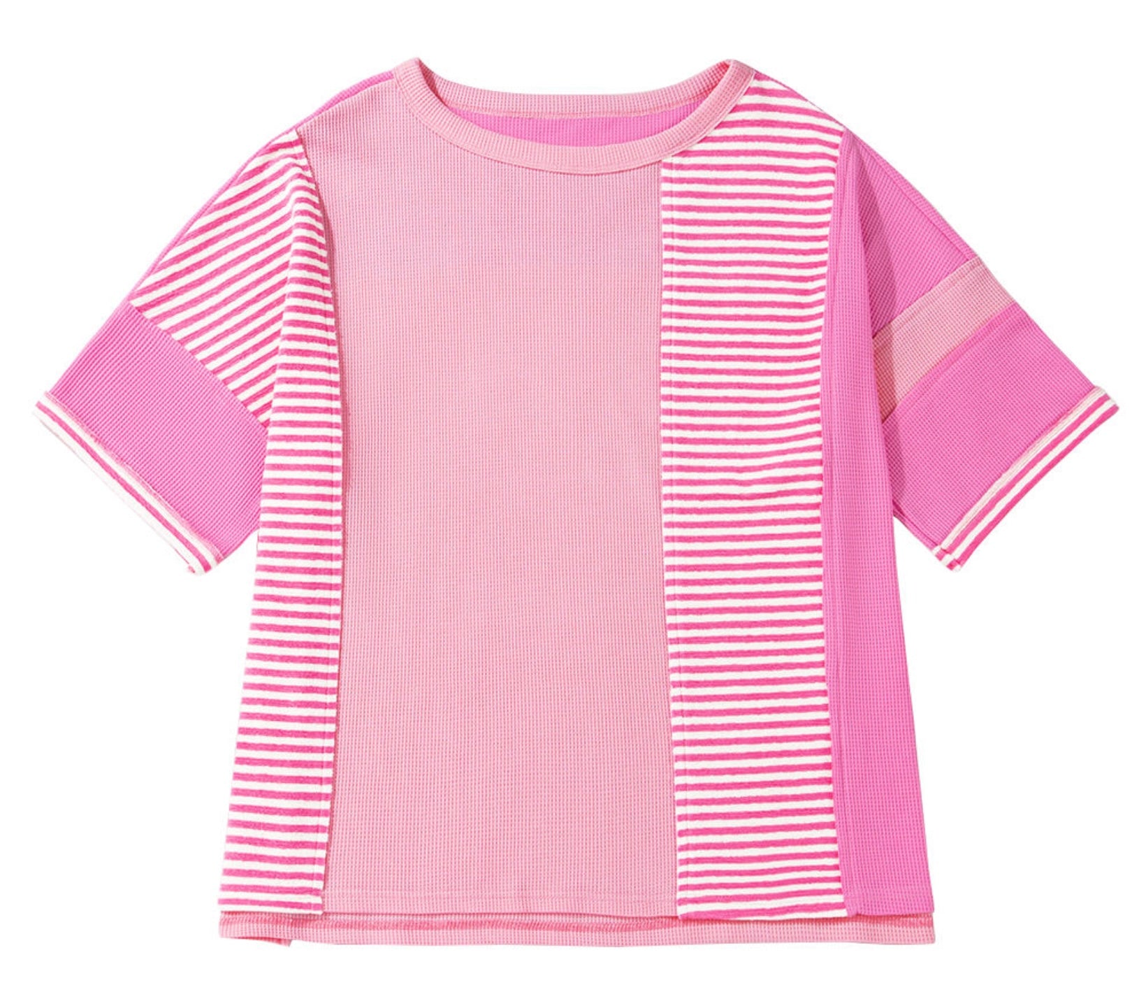 Curvy Pink Striped Waffle Patchwork Top