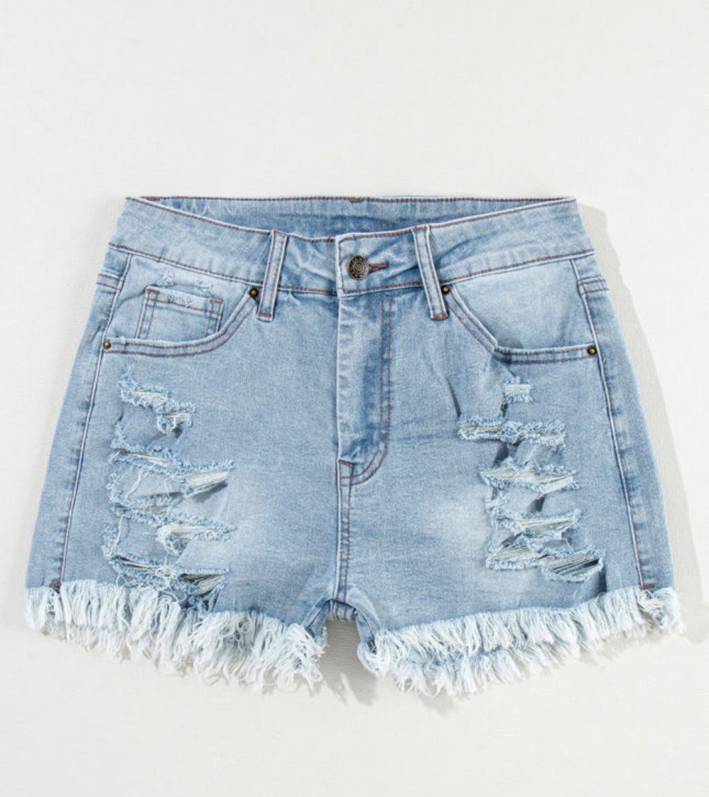 Light Blue Raw Hem High Waisted Jean Shorts