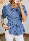 Bow Tie Front Bubble Sleeve Denim Shirt