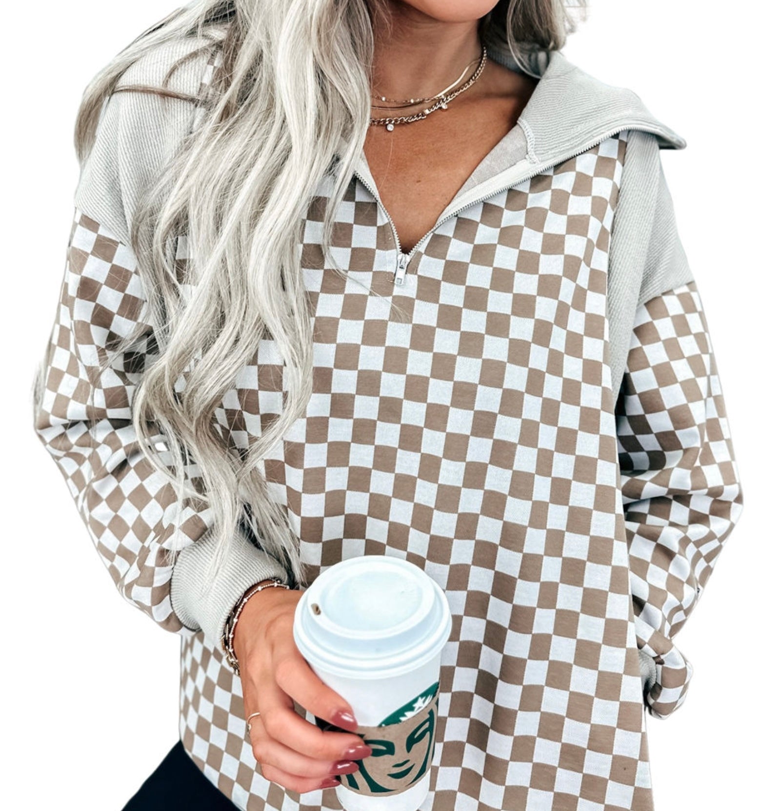 Checkered Quarter Zip Sweatshirt