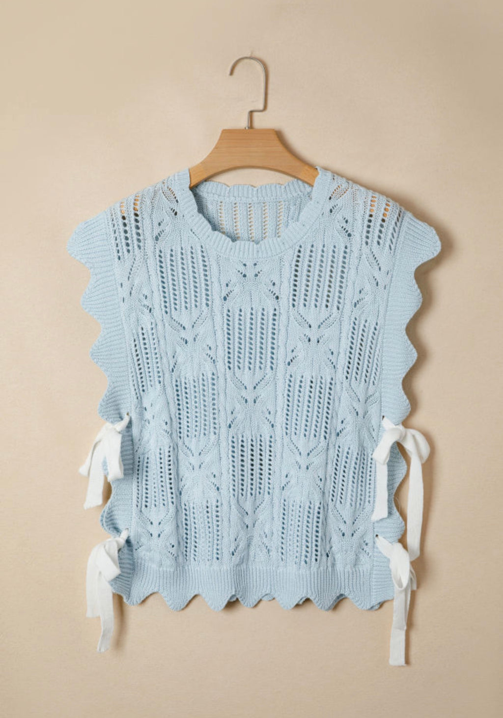 Blue Knitted Scalloped Short Sleeve Sweater