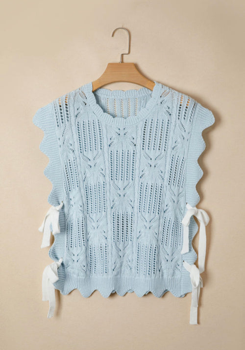 Blue Knitted Scalloped Short Sleeve Sweater