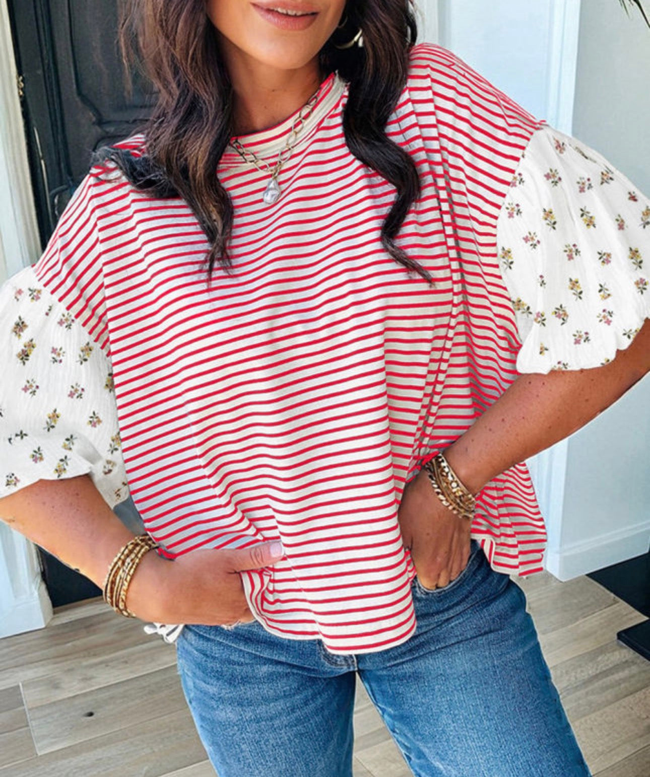 Striped/Floral Puff Sleeve Patchwork Top