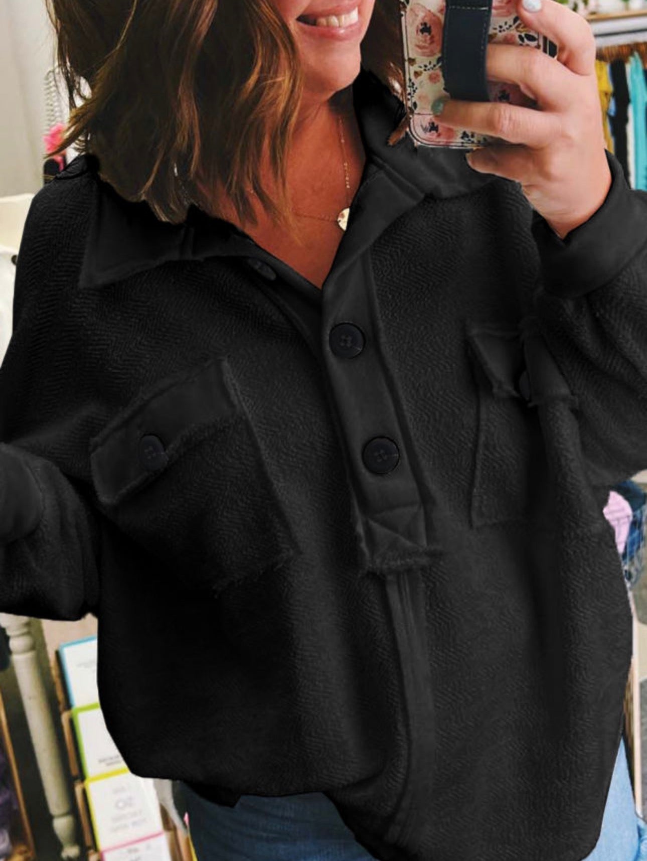 Curvy Black Flap Pocket Henley Top