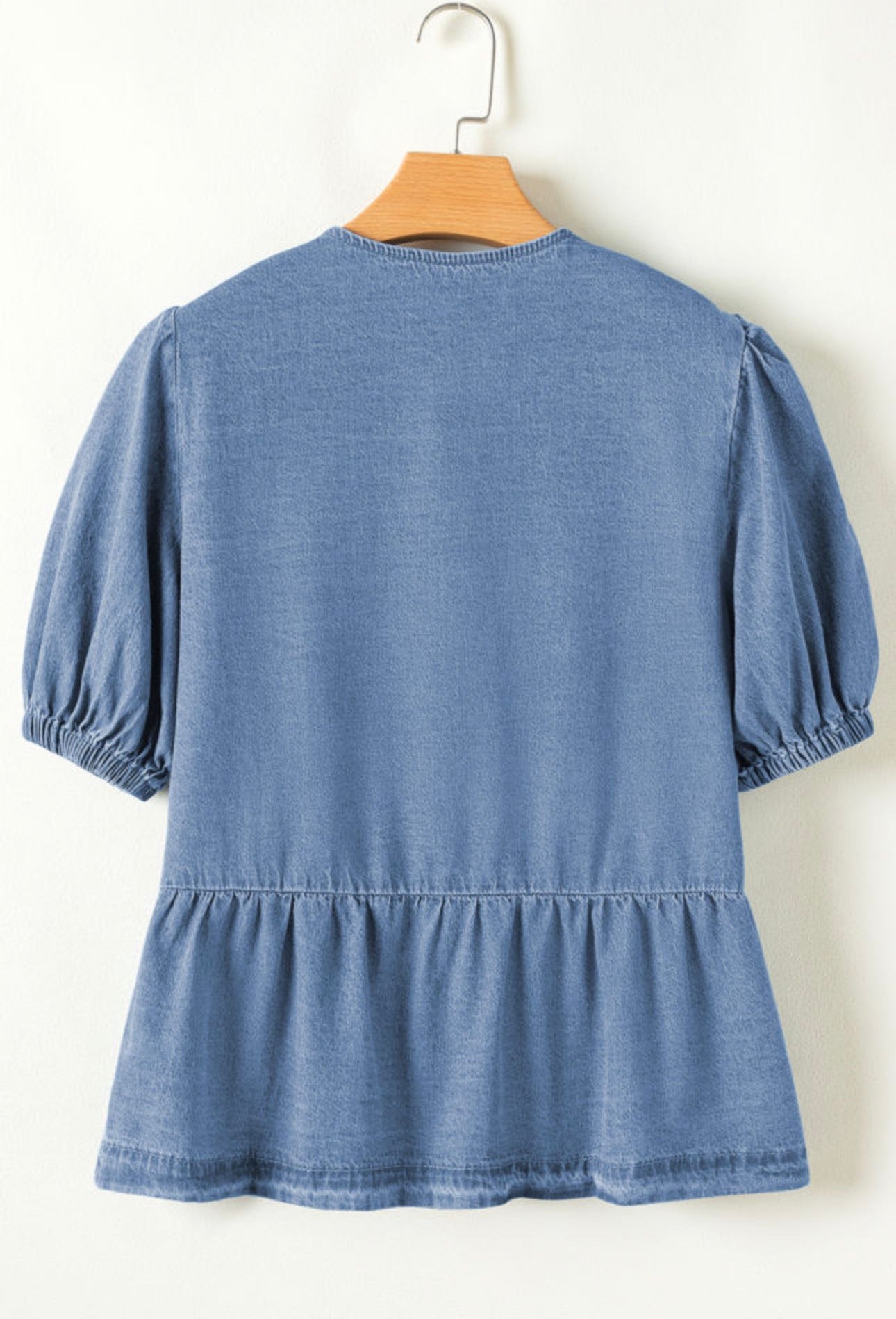 Bow Tie Front Bubble Sleeve Denim Shirt